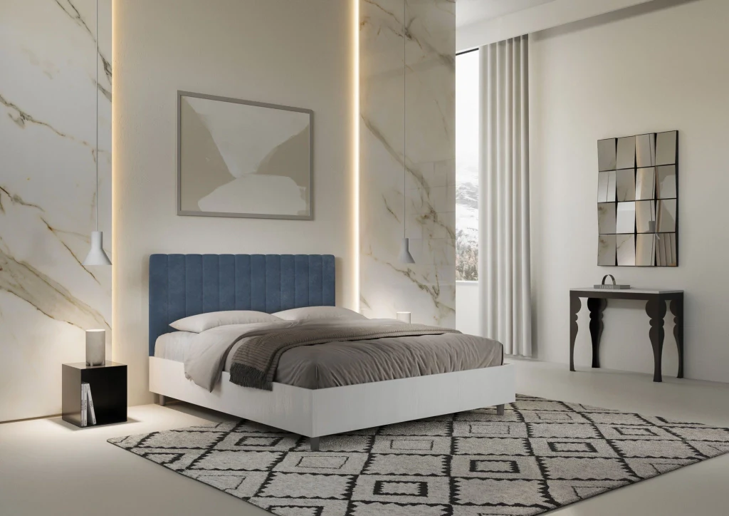 BS COM Letto matrimoniale con rete 160x200 bianco frassino testata microfibra blu - Image 4