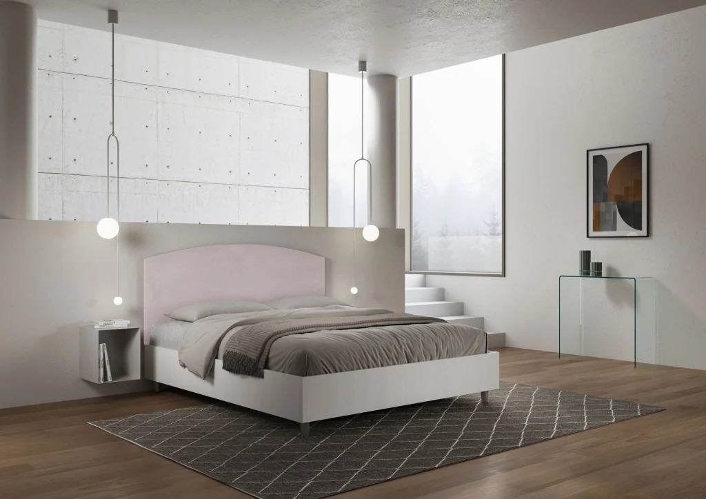 BS COM Letto matrimoniale con rete 160x200 bianco frassino testata microfibra glicine - Image 4
