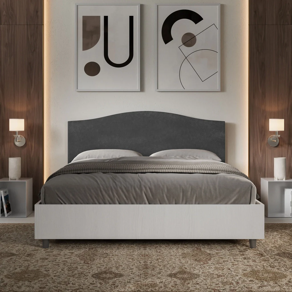 BS COM Letto matrimoniale con rete 160x200 bianco frassino testata microfibra grigio - Image 3