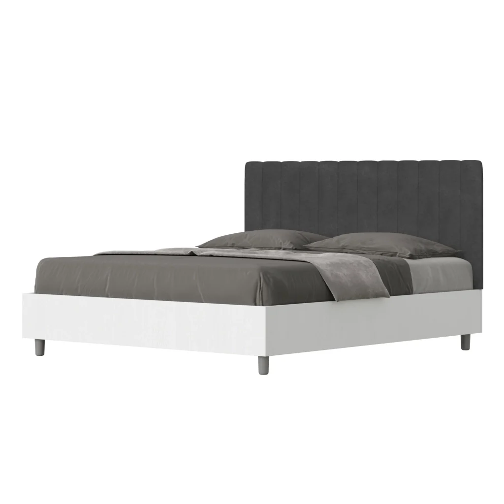 BS COM Letto matrimoniale con rete 160x200 bianco frassino testata microfibra grigio