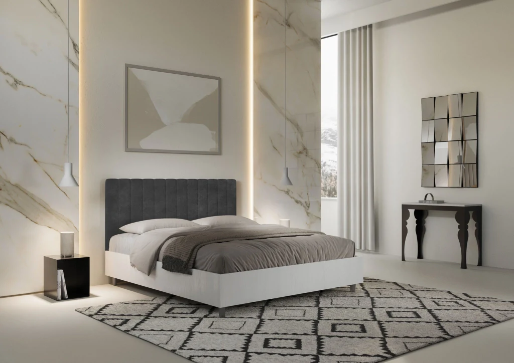 BS COM Letto matrimoniale con rete 160x200 bianco frassino testata microfibra grigio - Image 2
