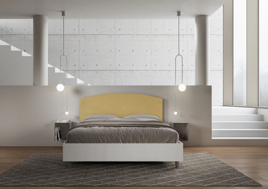 BS COM Letto matrimoniale con rete 160x200 bianco frassino testata microfibra ocra - Image 2