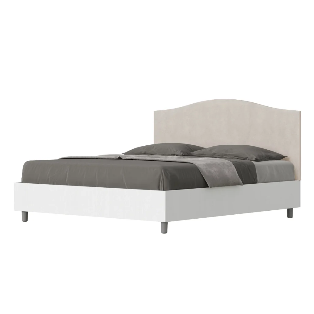 BS COM Letto matrimoniale con rete 160x200 bianco frassino testata microfibra sabbia