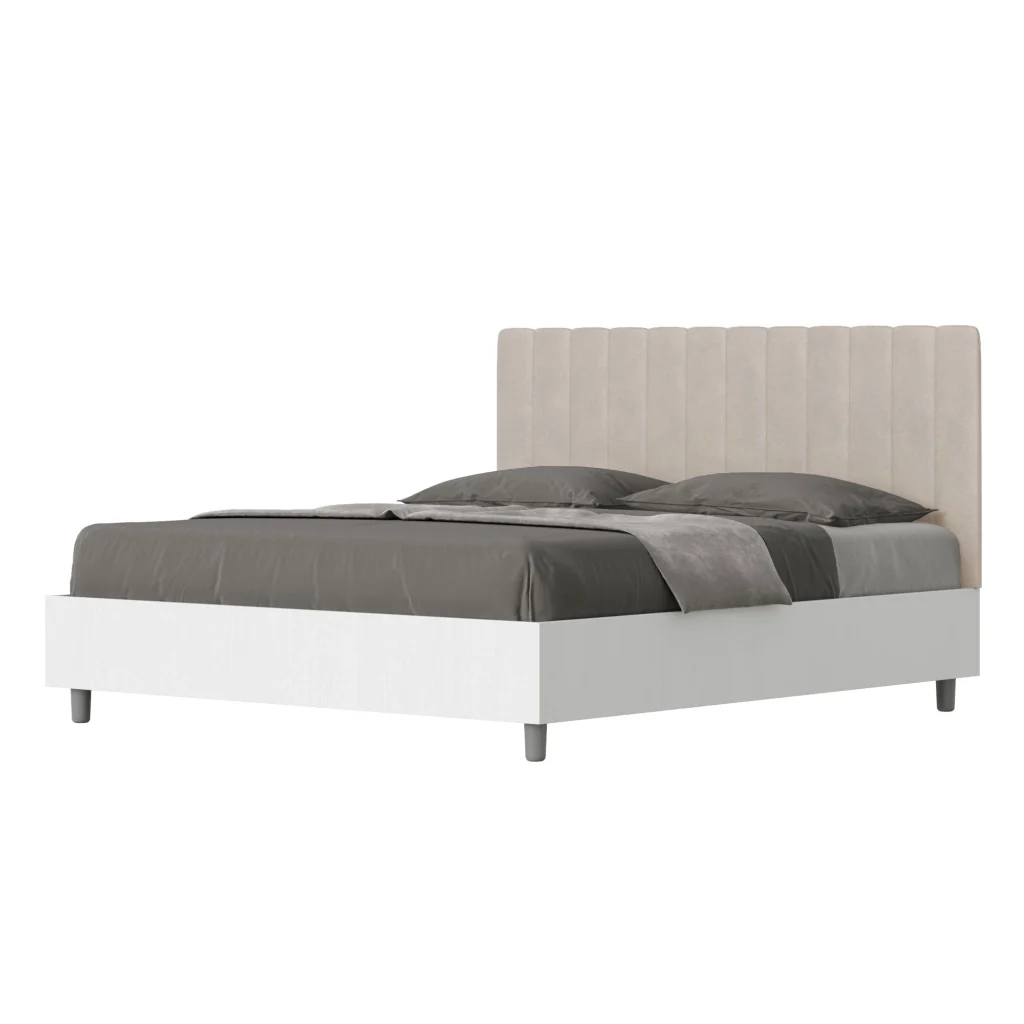 BS COM Letto matrimoniale con rete 160x200 bianco frassino testata microfibra sabbia