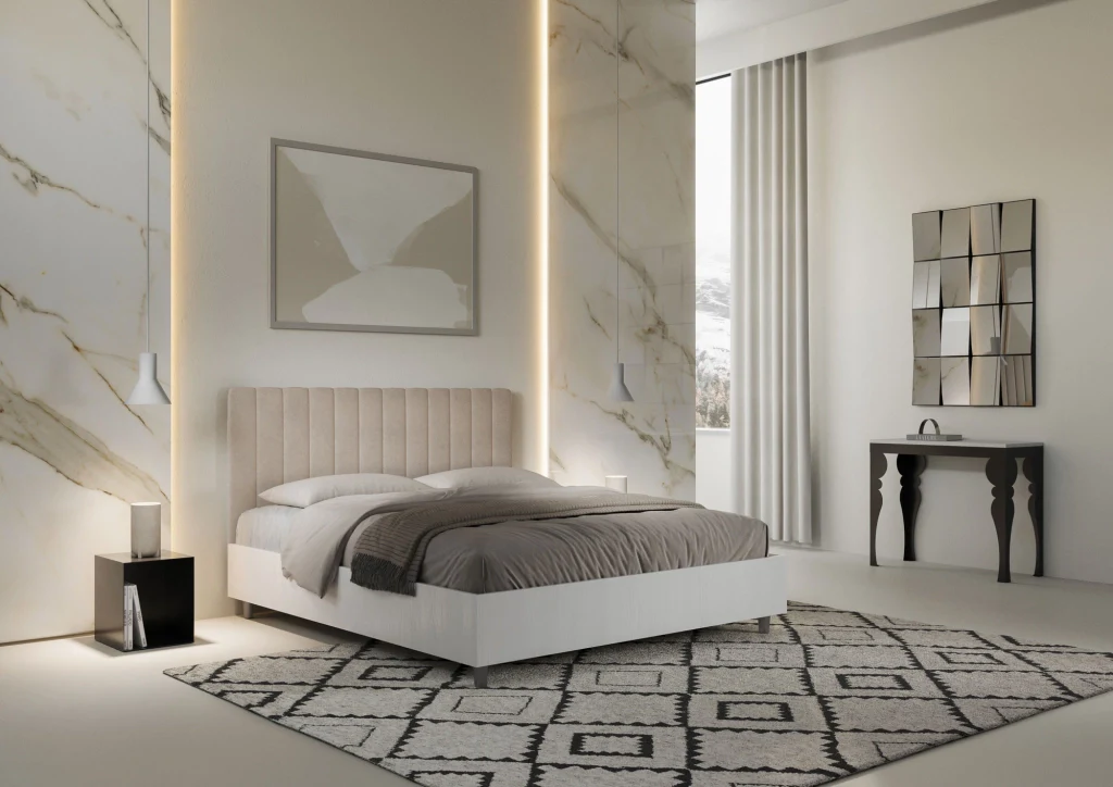 BS COM Letto matrimoniale con rete 160x200 bianco frassino testata microfibra sabbia - Image 3