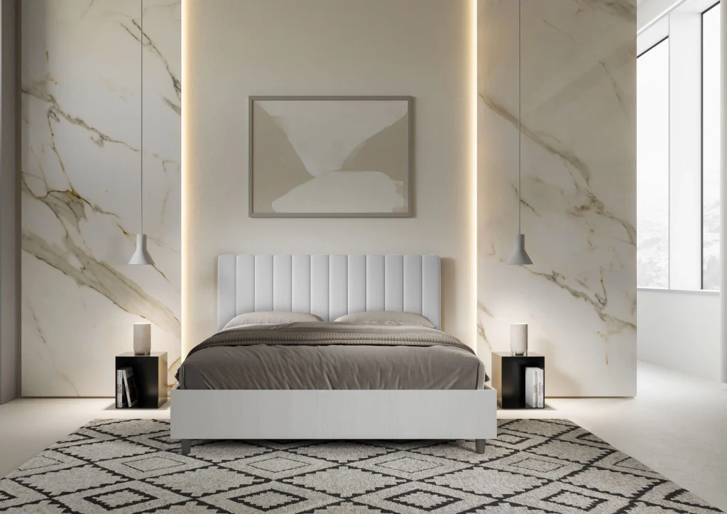 BS COM Letto matrimoniale con rete 160x200 bianco frassino testata similpelle bianco - Image 2
