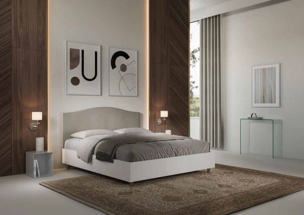 BS COM Letto matrimoniale con rete 160x200 bianco frassino testata similpelle tortora - Image 2