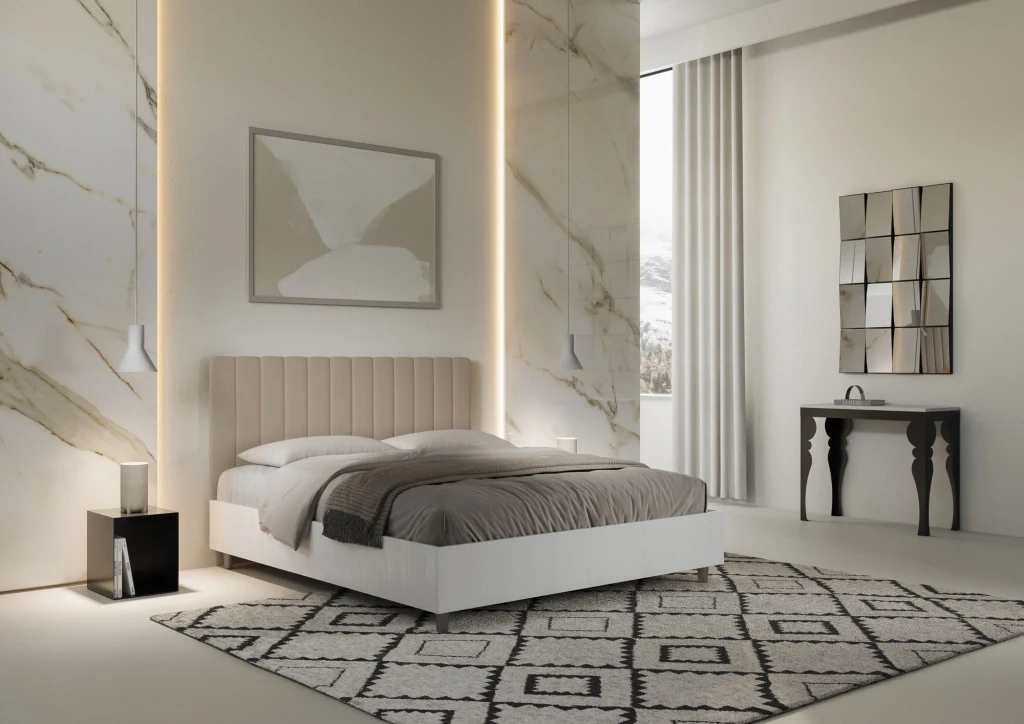 BS COM Letto matrimoniale con rete 160x200 bianco frassino testata similpelle tortora - Image 3