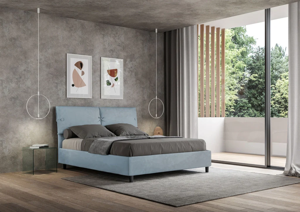 BS COM Letto matrimoniale con rete imbottito 160x190 microfibra azzurro - Image 3