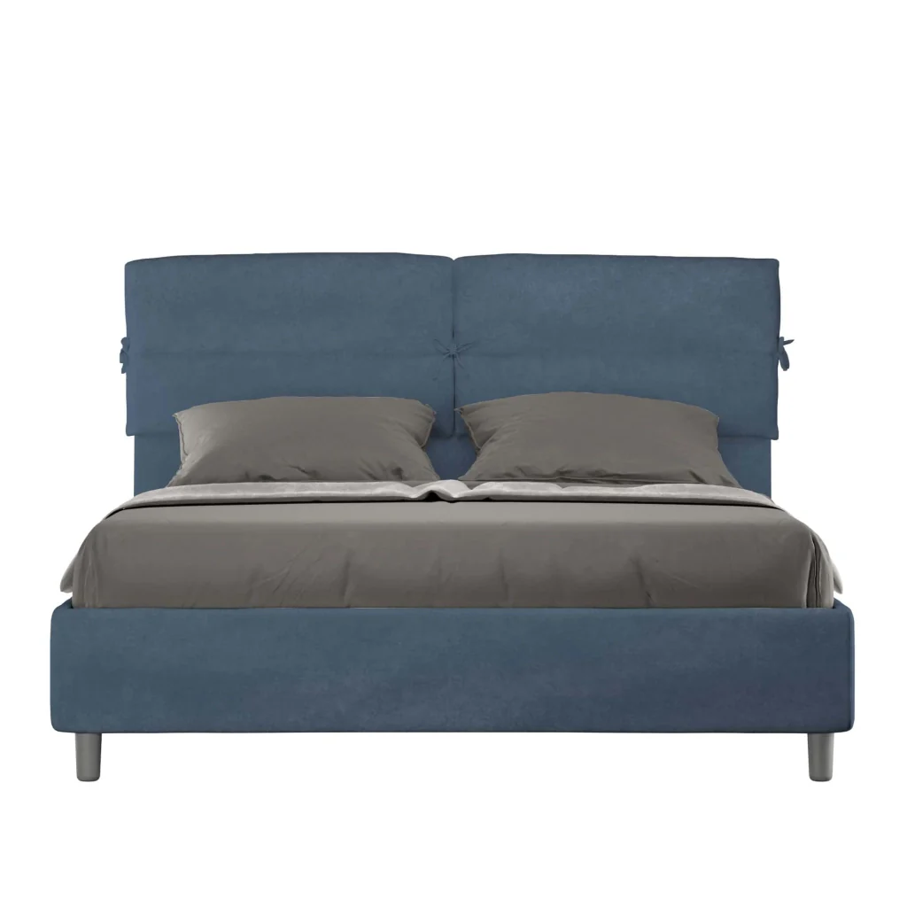 BS COM Letto matrimoniale con rete imbottito 160x210 microfibra blu