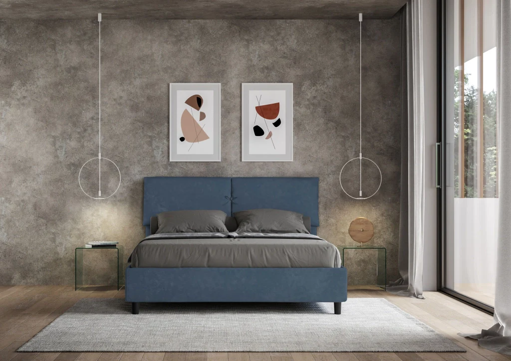 BS COM Letto matrimoniale con rete imbottito 160x210 microfibra blu - Image 2
