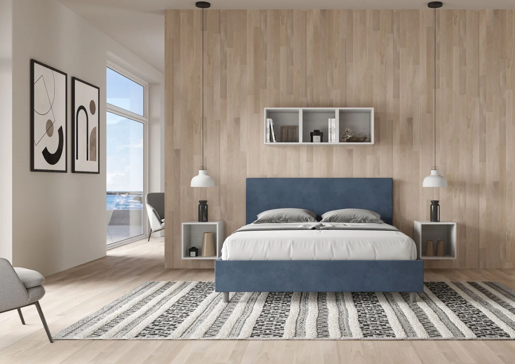 BS COM Letto matrimoniale con rete imbottito 160x210 microfibra blu - Image 3