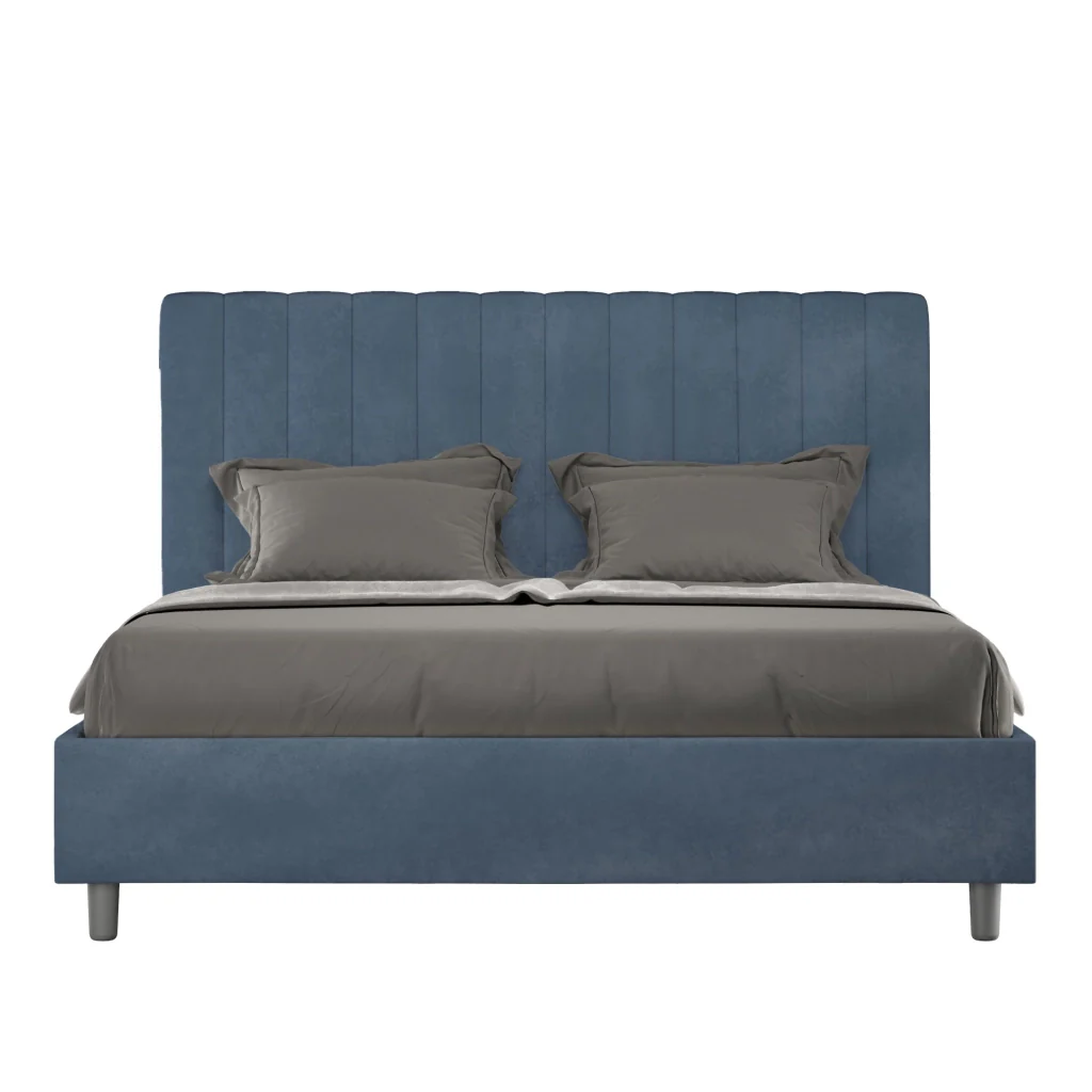 BS COM Letto matrimoniale con rete imbottito 160x210 microfibra blu