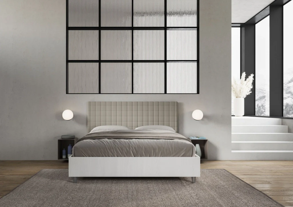 BS COM Letto matrimoniale contenitore 160x190 bianco frassino testata similpelle tortora - Image 2