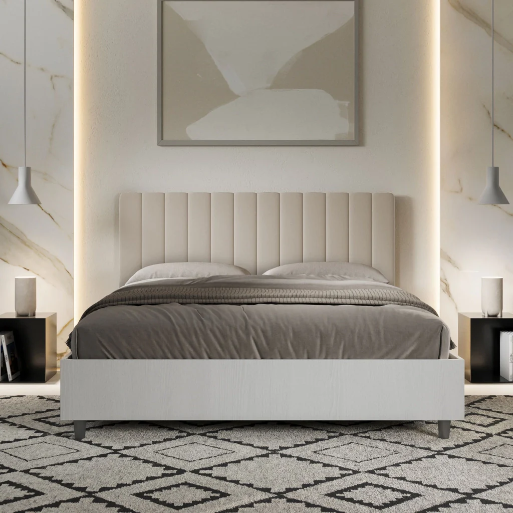 BS COM Letto matrimoniale contenitore 160x190 bianco frassino testata similpelle tortora - Image 4