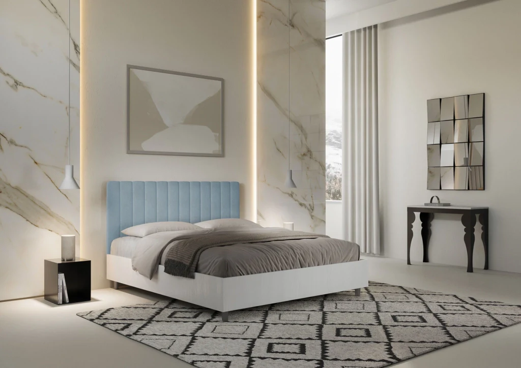 BS COM Letto matrimoniale contenitore 160x200 bianco frassino testata microfibra azzurro - Image 5
