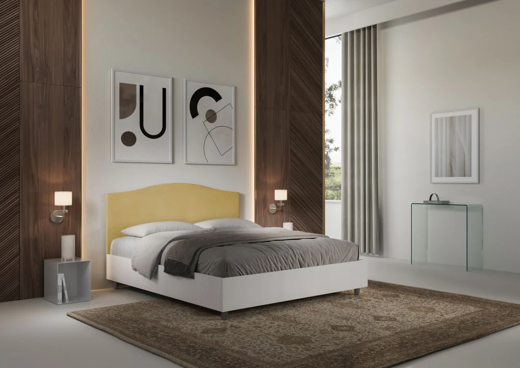 BS COM Letto matrimoniale contenitore 160x200 bianco frassino testata microfibra ocra - Image 5