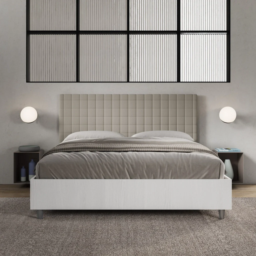 BS COM Letto matrimoniale contenitore 160x200 bianco frassino testata similpelle tortora - Image 4