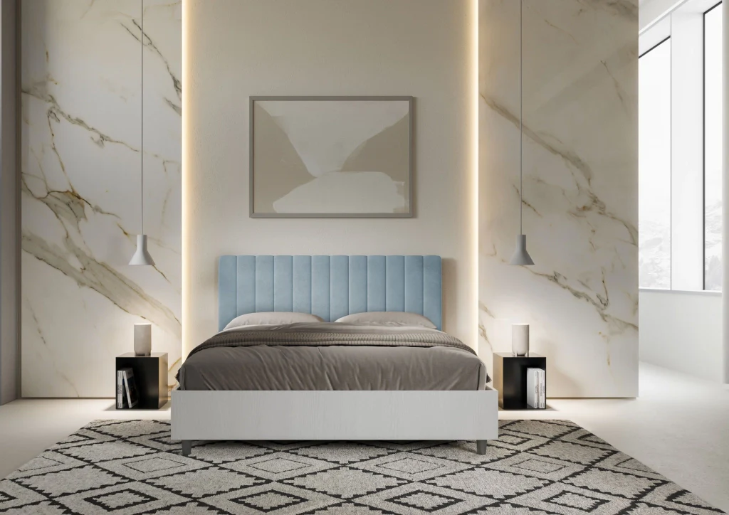 BS COM Letto matrimoniale contenitore doppia alzata 160x190 bianco frassino testata microfibra azzurro - Image 2