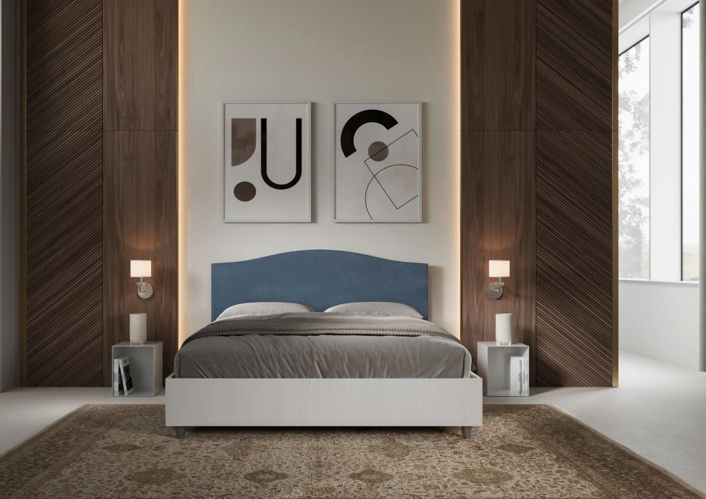 BS COM Letto matrimoniale contenitore doppia alzata 160x190 bianco frassino testata microfibra blu - Image 3