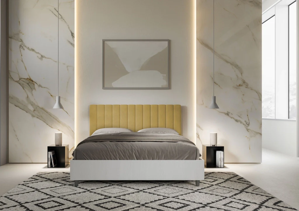 BS COM Letto matrimoniale contenitore doppia alzata 160x190 bianco frassino testata microfibra ocra - Image 5