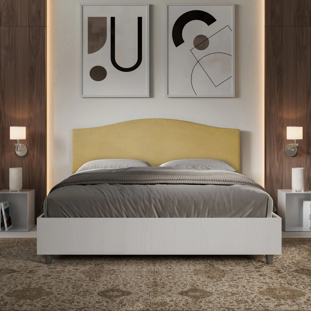 BS COM Letto matrimoniale contenitore doppia alzata 160x190 bianco frassino testata microfibra ocra - Image 3