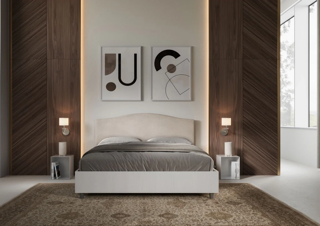 BS COM Letto matrimoniale contenitore doppia alzata 160x190 bianco frassino testata microfibra sabbia - Image 4