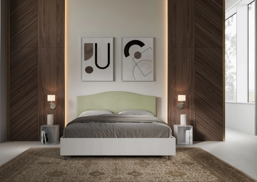 BS COM Letto matrimoniale contenitore doppia alzata 160x190 bianco frassino testata microfibra tè verde - Image 4