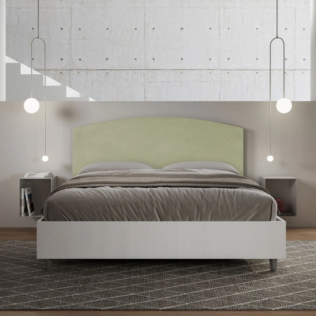 BS COM Letto matrimoniale contenitore doppia alzata 160x190 bianco frassino testata microfibra tè verde - Image 2