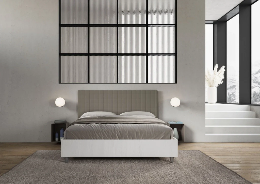BS COM Letto matrimoniale contenitore doppia alzata 160x190 bianco frassino testata similpelle cappuccino - Image 5