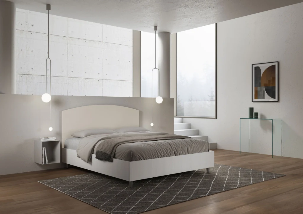 BS COM Letto matrimoniale contenitore doppia alzata 160x190 bianco frassino testata similpelle tortora - Image 3