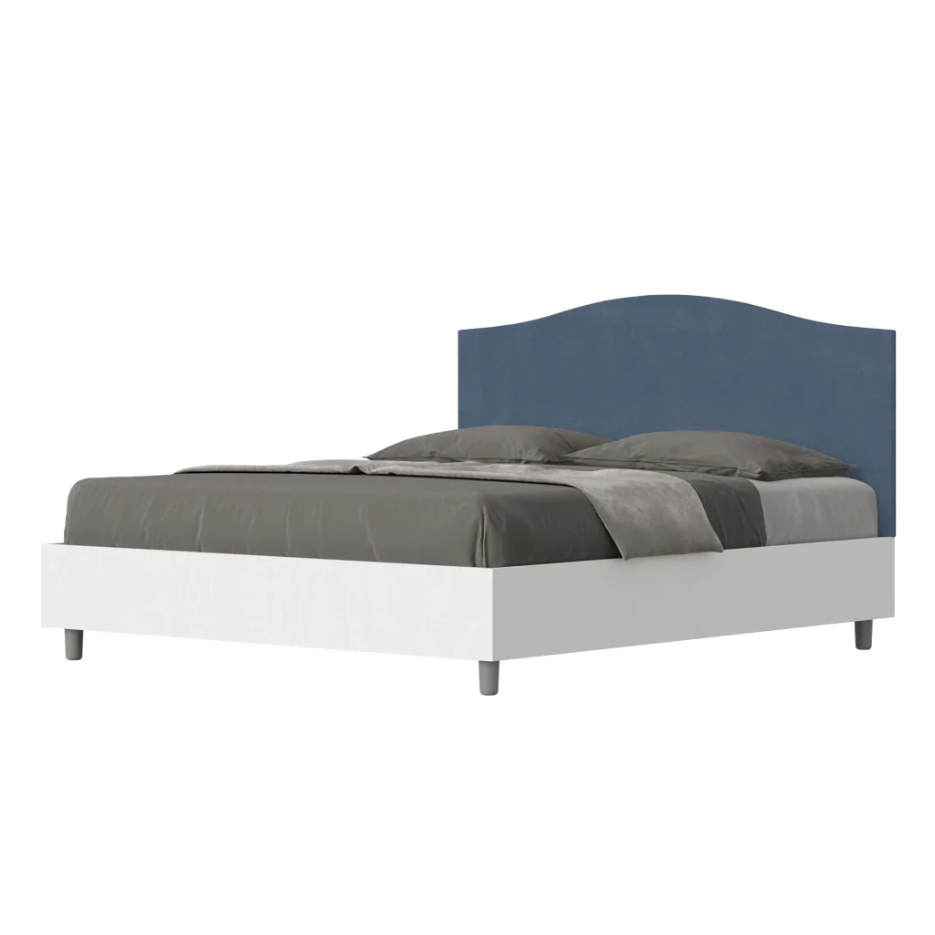 BS COM Letto matrimoniale contenitore doppia alzata 160x200 bianco frassino testata microfibra blu