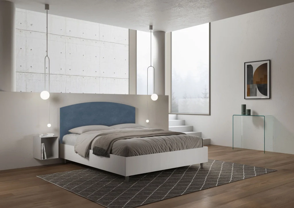 BS COM Letto matrimoniale contenitore doppia alzata 160x200 bianco frassino testata microfibra blu - Image 2
