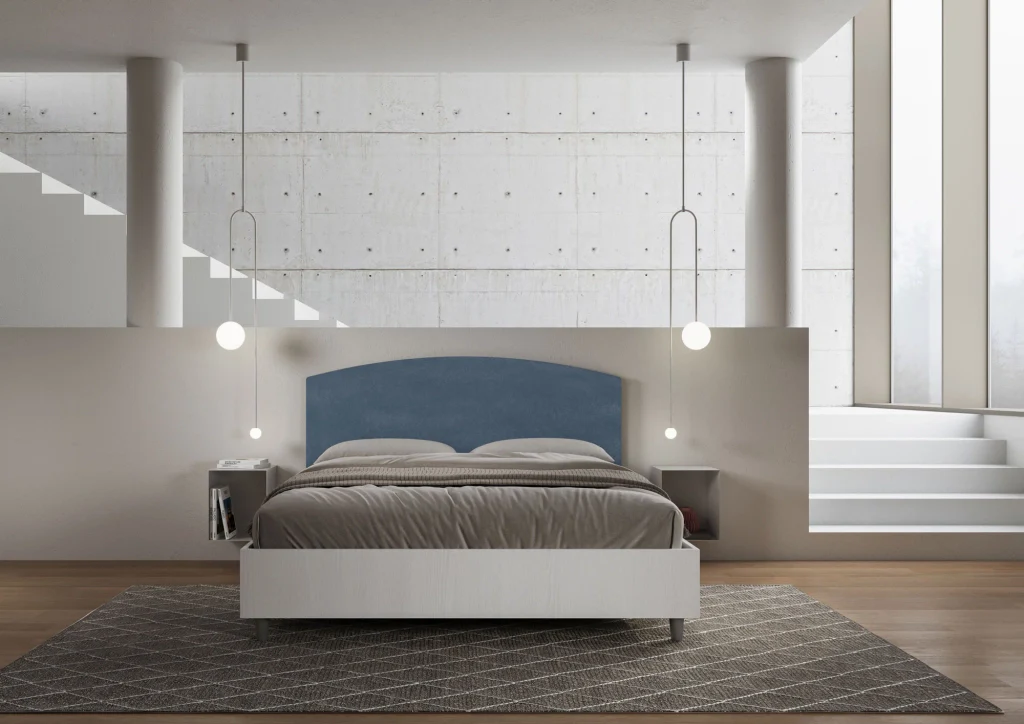 BS COM Letto matrimoniale contenitore doppia alzata 160x200 bianco frassino testata microfibra blu - Image 3