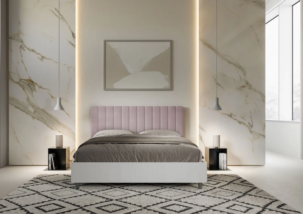 BS COM Letto matrimoniale contenitore doppia alzata 160x200 bianco frassino testata microfibra glicine - Image 3