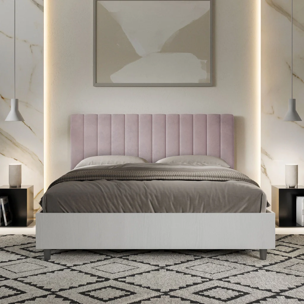 BS COM Letto matrimoniale contenitore doppia alzata 160x200 bianco frassino testata microfibra glicine - Image 5