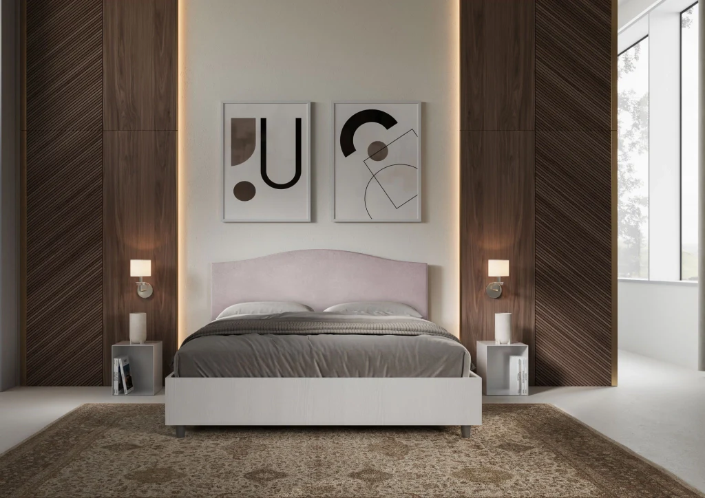 BS COM Letto matrimoniale contenitore doppia alzata 160x200 bianco frassino testata microfibra glicine - Image 2