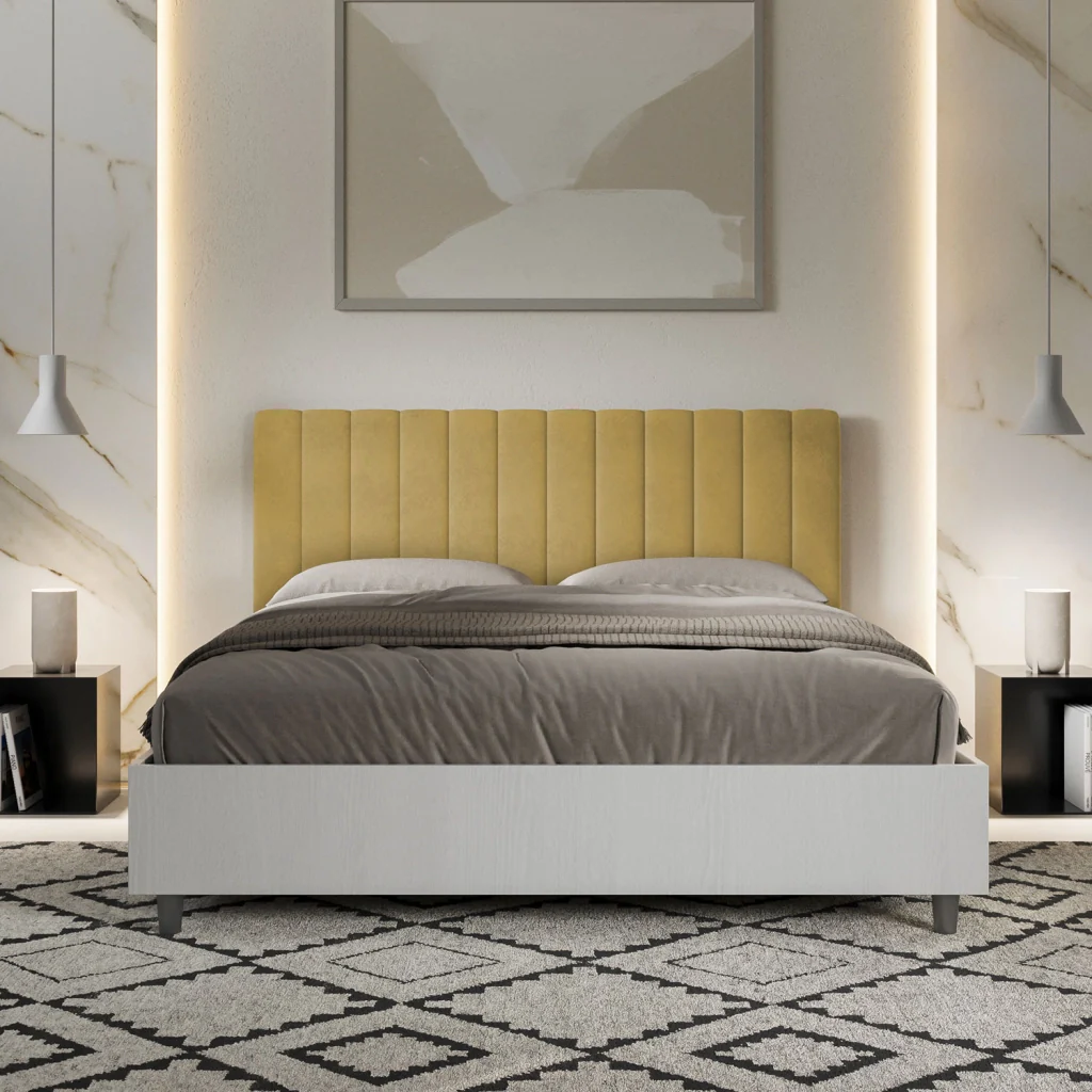 BS COM Letto matrimoniale contenitore doppia alzata 160x200 bianco frassino testata microfibra ocra - Image 2