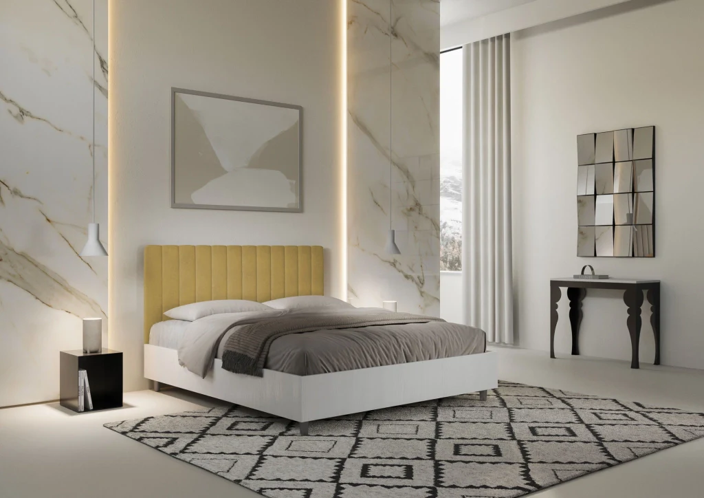 BS COM Letto matrimoniale contenitore doppia alzata 160x200 bianco frassino testata microfibra ocra - Image 4