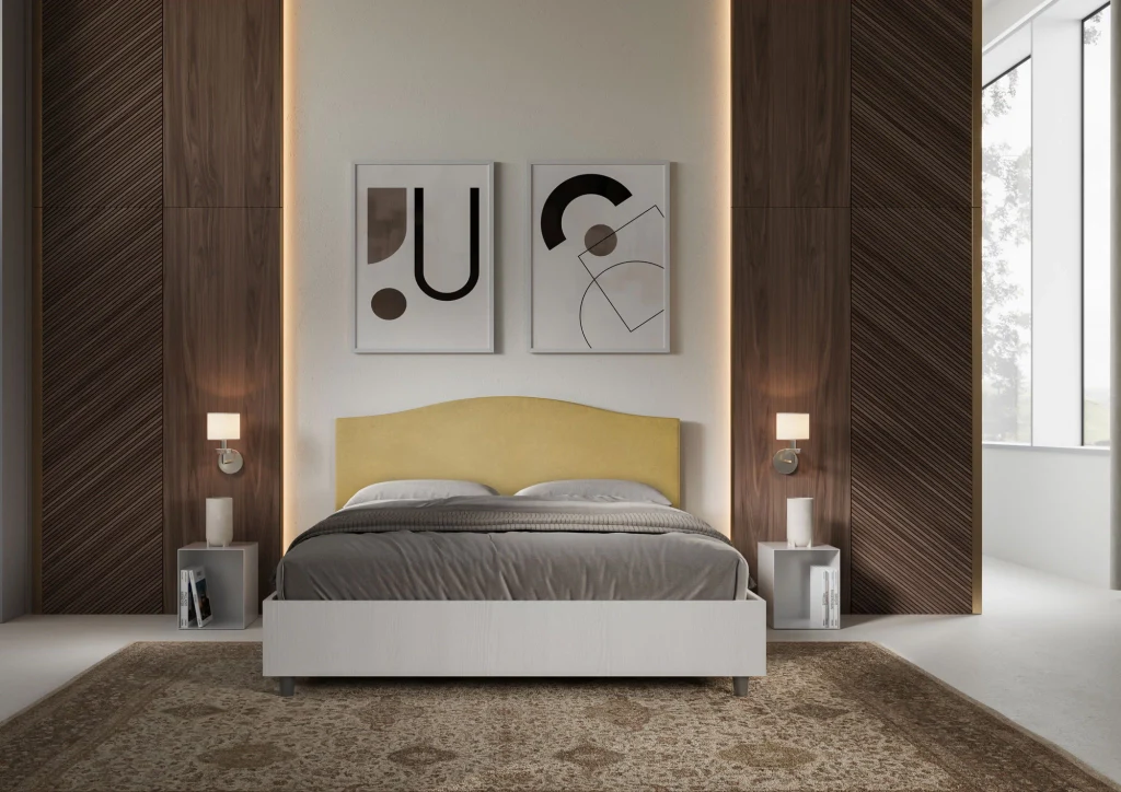 BS COM Letto matrimoniale contenitore doppia alzata 160x200 bianco frassino testata microfibra ocra - Image 5