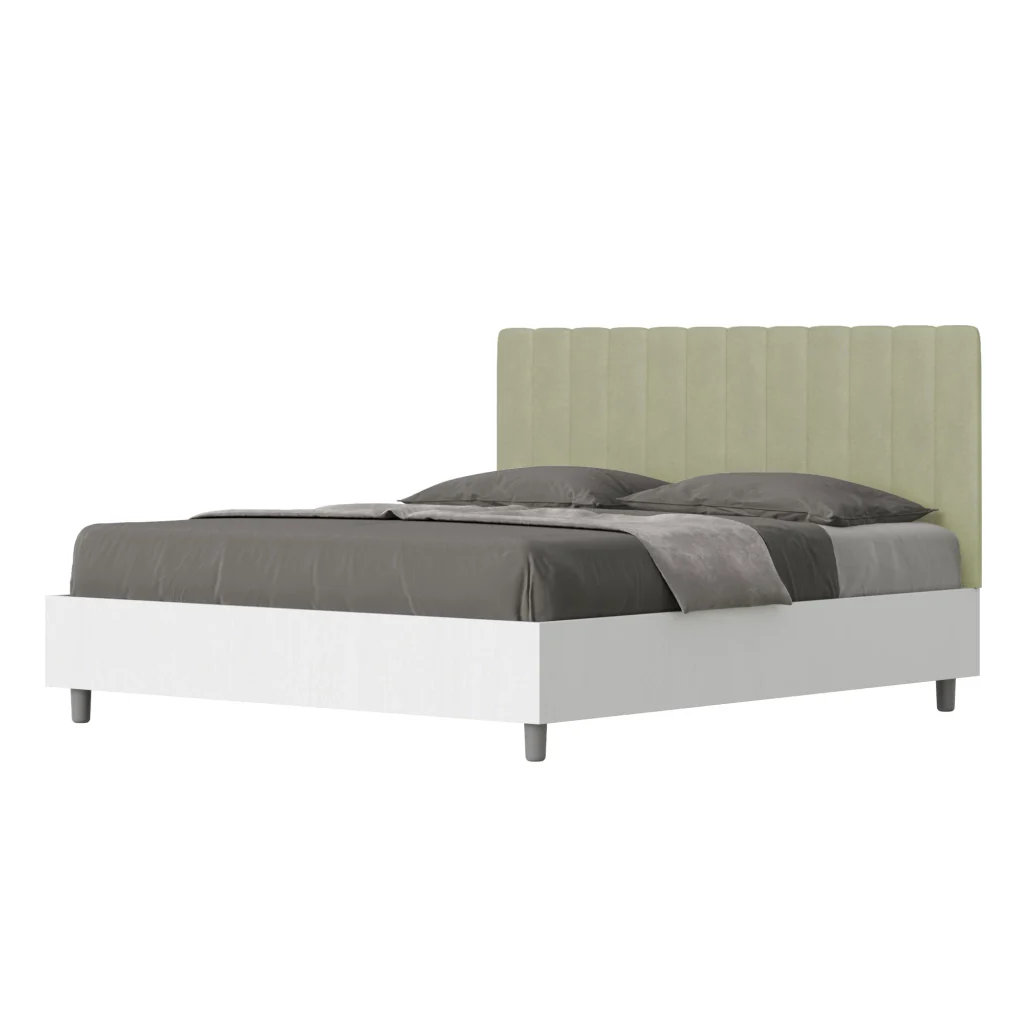 BS COM Letto matrimoniale contenitore doppia alzata 160x200 bianco frassino testata microfibra tè verde