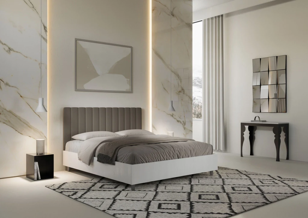 BS COM Letto matrimoniale contenitore doppia alzata 160x200 bianco frassino testata similpelle cappuccino - Image 3