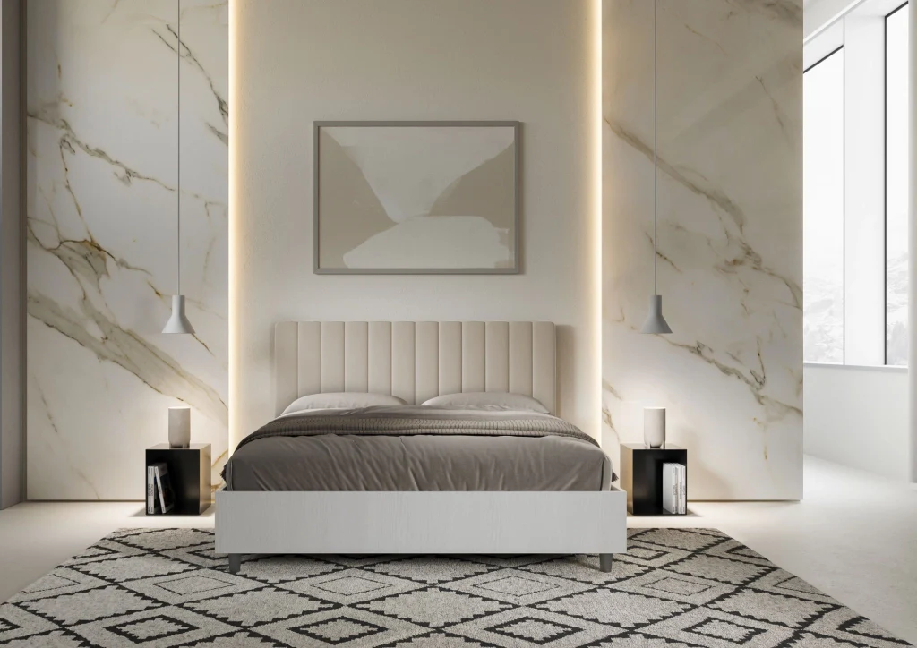 BS COM Letto matrimoniale contenitore doppia alzata 160x200 bianco frassino testata similpelle tortora - Image 4