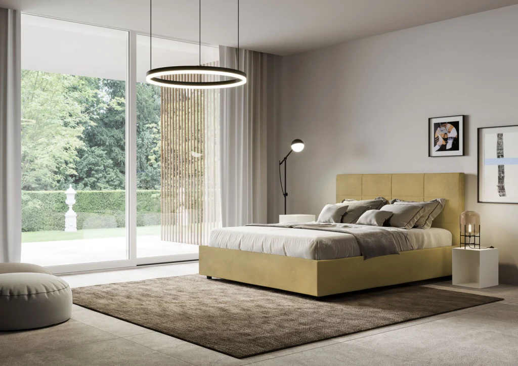 BS COM Letto matrimoniale contenitore doppia alzata imbottito 160x190 microfibra ocra - Image 5