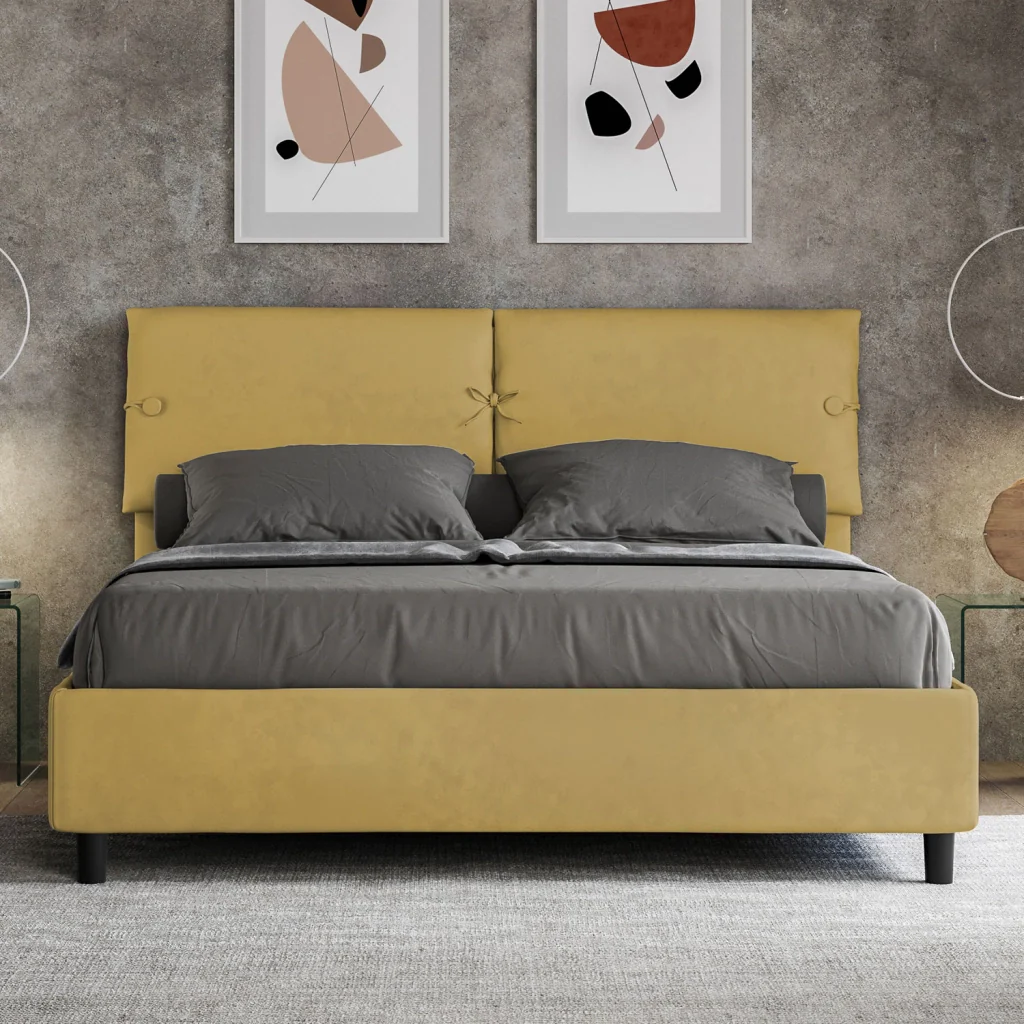 BS COM Letto matrimoniale contenitore doppia alzata imbottito 160x190 microfibra ocra - Image 5
