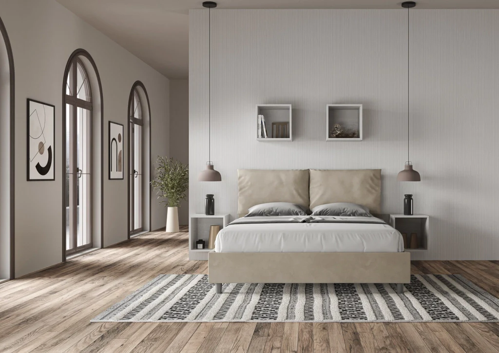 BS COM Letto matrimoniale contenitore doppia alzata imbottito 160x190 microfibra sabbia - Image 3