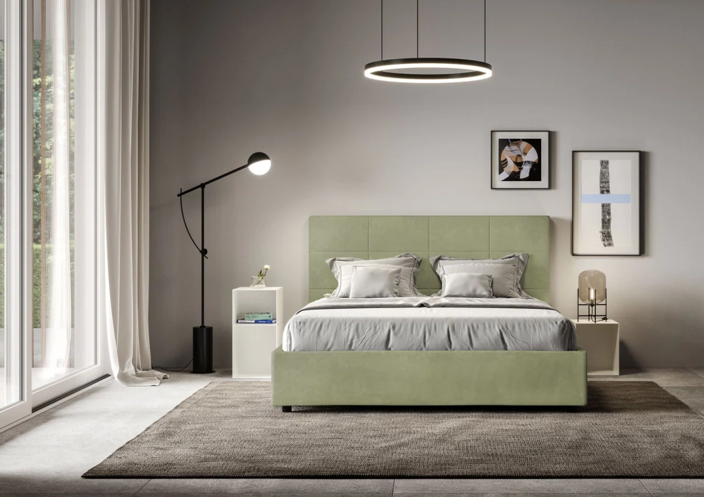 BS COM Letto matrimoniale contenitore doppia alzata imbottito 160x190 microfibra tè verde - Image 4