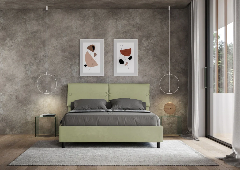 BS COM Letto matrimoniale contenitore doppia alzata imbottito 160x190 microfibra tè verde - Image 2