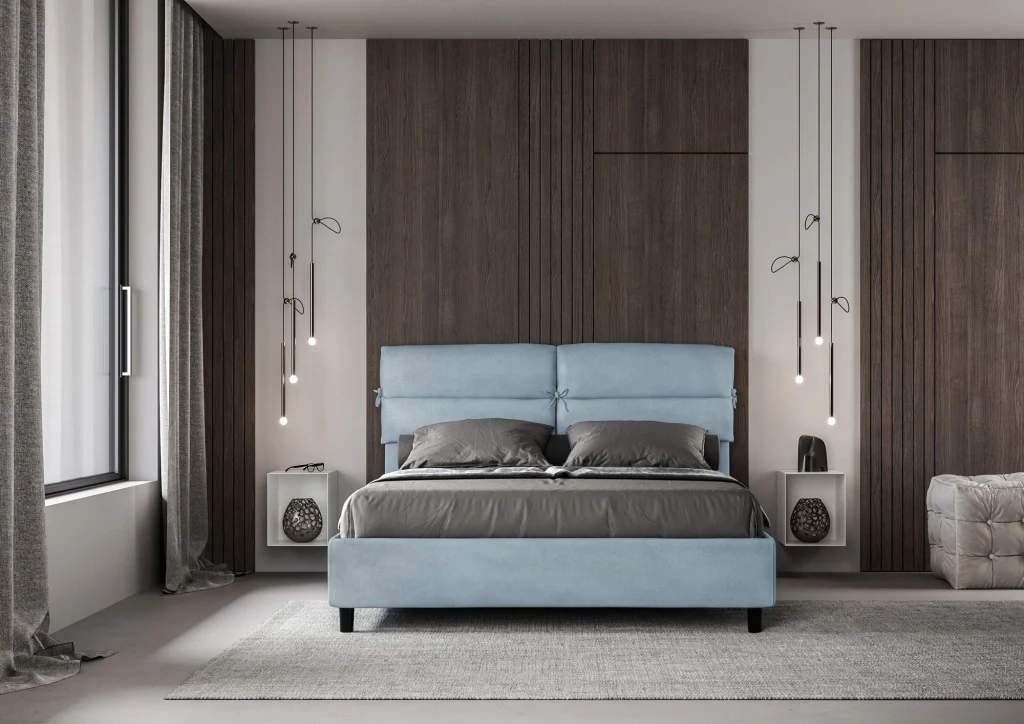 BS COM Letto matrimoniale contenitore doppia alzata imbottito 160x200 microfibra azzurro - Image 4