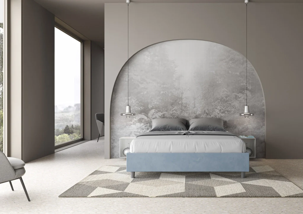 BS COM Letto matrimoniale contenitore doppia alzata imbottito 160x200 microfibra azzurro - Image 2